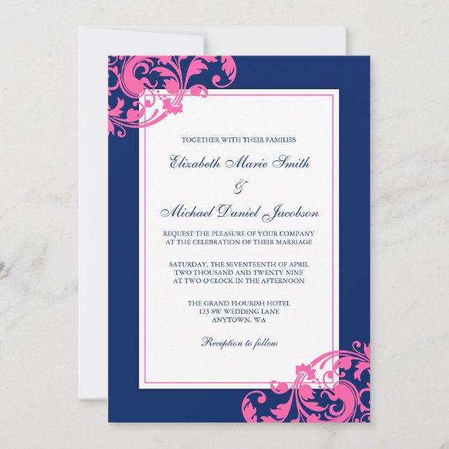 Navy Blue and Pink Flourish Swirls Wedding Invitation (Front)