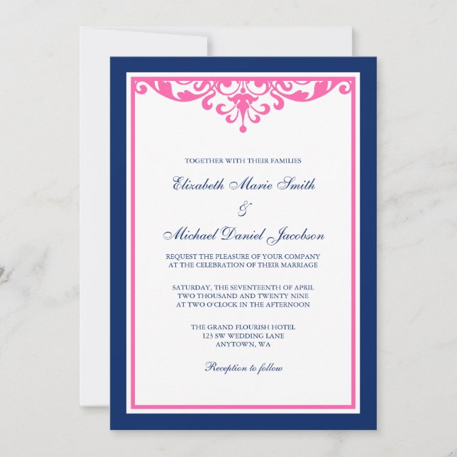 Navy Blue and Pink Flourish Wedding Invitations (Front)