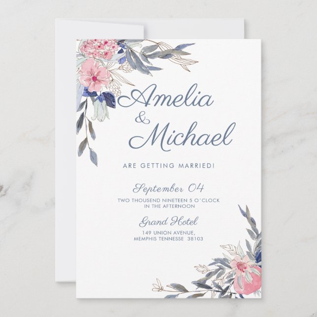 Navy Blue and Pink Flowers Invitation (Front)