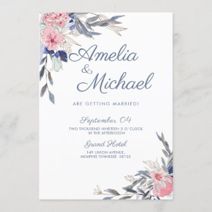 Navy Blue and Pink Flowers Invitation