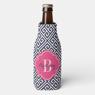 Navy Blue and Pink Greek Key Monogram Bottle Cooler