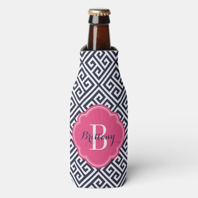 Navy Blue and Pink Greek Key Monogram Bottle Cooler (Bottle Front)