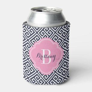 Navy Blue and Pink Greek Key Monogram Can Cooler