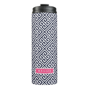 Navy Blue and Pink Greek Key Monogram Thermal Tumbler