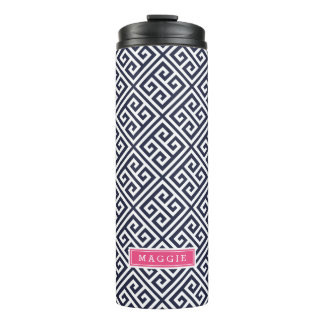 Navy Blue and Pink Greek Key Monogram Thermal Tumbler