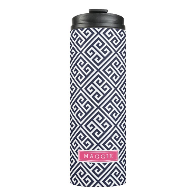 Navy Blue and Pink Greek Key Monogram Thermal Tumbler (Front)