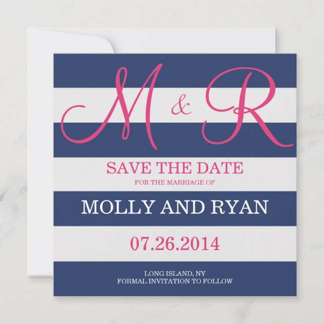 Navy Blue and Pink Monogram Save the Date (Front)