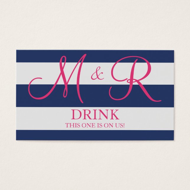 Navy Blue and Pink Monogram Wedding Drink Ticket (Front)
