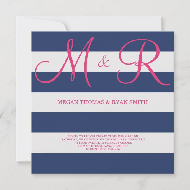 Navy Blue and Pink Monogram Wedding Invitation (Front)