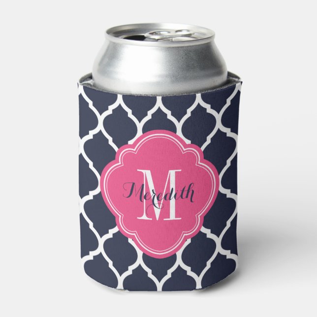 Navy Blue and Pink Moroccan Quatrefoil Monogram Can Cooler (Can Front)
