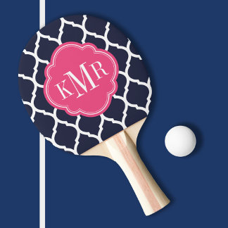 Navy Blue and Pink Moroccan Quatrefoil Monogram Ping Pong Paddle