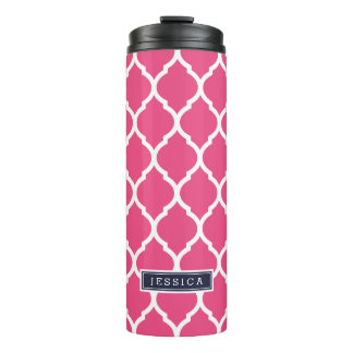 Navy Blue and Pink Moroccan Quatrefoil Monogram Thermal Tumbler