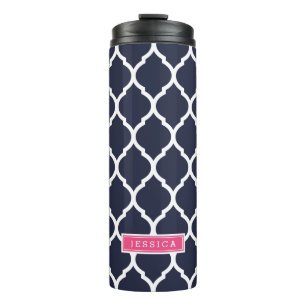 Navy Blue and Pink Moroccan Quatrefoil Monogram Thermal Tumbler