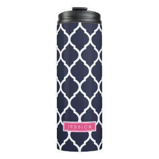 Navy Blue and Pink Moroccan Quatrefoil Monogram Thermal Tumbler