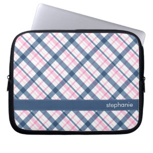 Navy Blue and PInk Plaid Pattern Laptop Sleeve