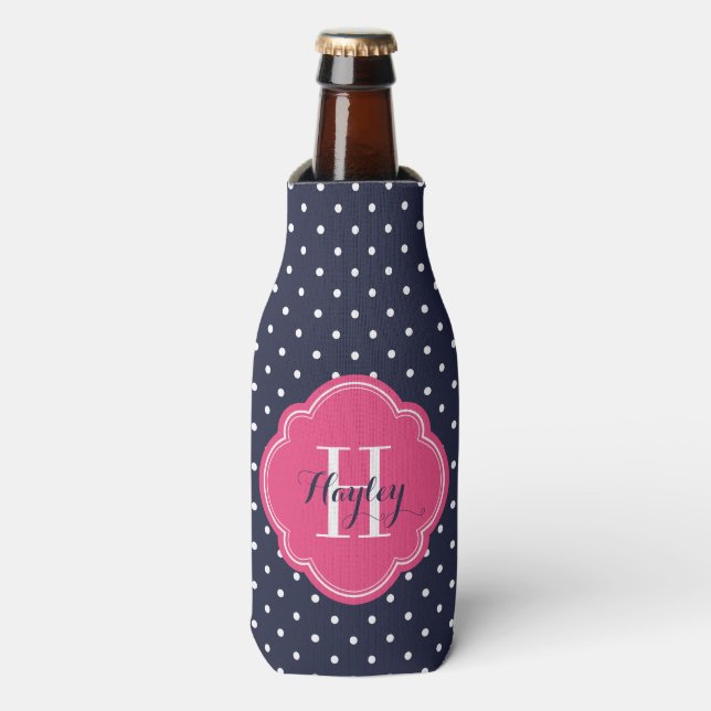 Navy Blue and Pink Polka Dots Monogram Bottle Cooler (Bottle Front)