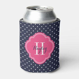 Navy Blue and Pink Polka Dots Monogram Can Cooler