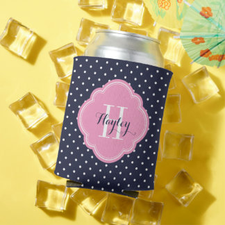 Navy Blue and Pink Polka Dots Monogram Can Cooler