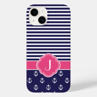 Navy Blue and Pink Preppy Nautical Monogram Case-Mate iPhone 14 Case