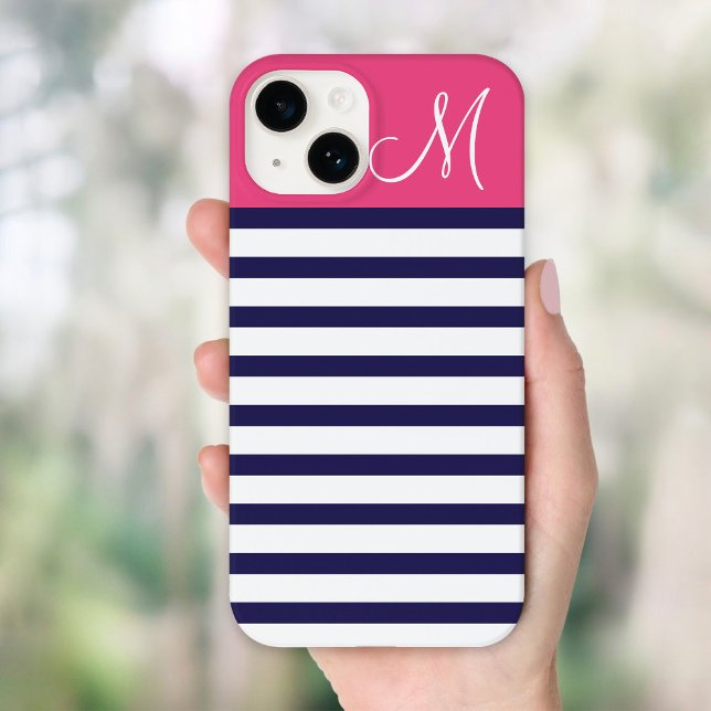 Navy Blue and Pink Preppy Stripes Custom Monogram Case-Mate iPhone Case (Creator Uploaded)