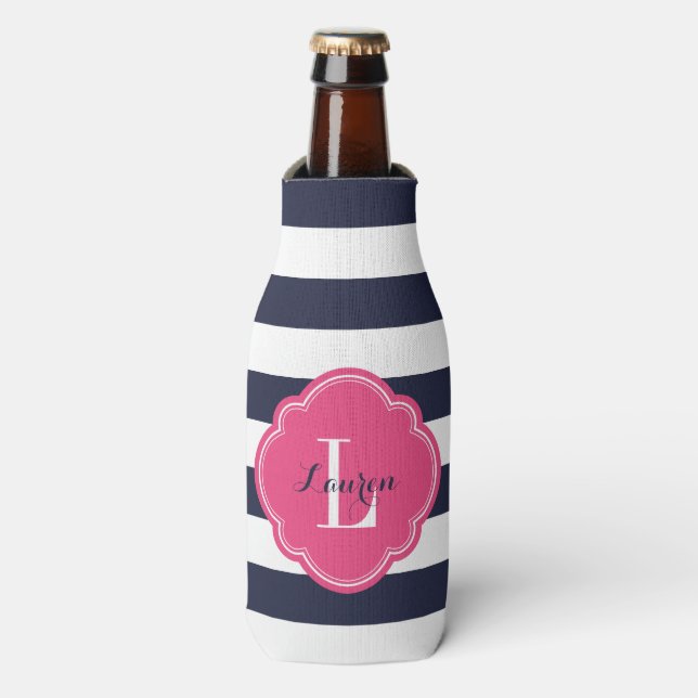 Navy Blue and Pink Preppy Stripes Monogram Bottle Cooler (Bottle Front)