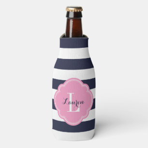 Navy Blue and Pink Preppy Stripes Monogram Bottle Cooler