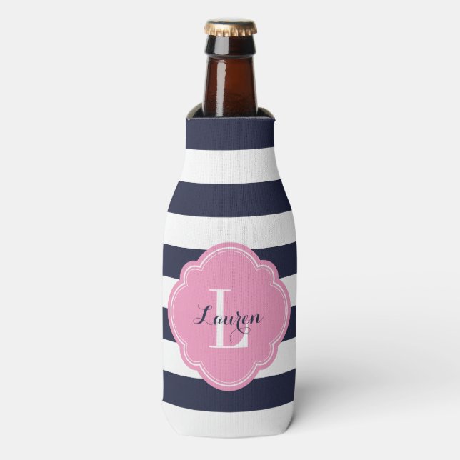 Navy Blue and Pink Preppy Stripes Monogram Bottle Cooler (Bottle Front)