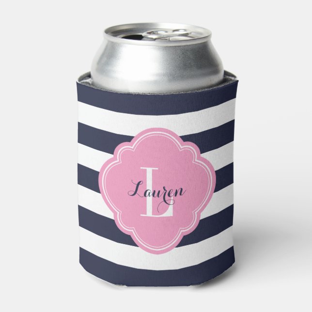 Navy Blue and Pink Preppy Stripes Monogram Can Cooler (Can Front)