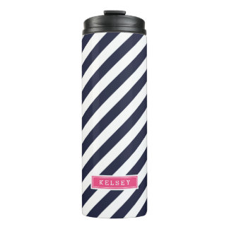 Navy Blue and Pink Preppy Stripes Monogram Thermal Tumbler