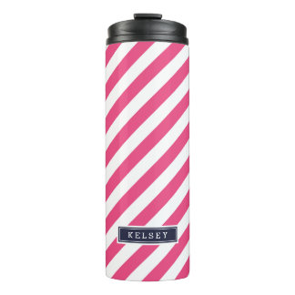 Navy Blue and Pink Preppy Stripes Monogram Thermal Tumbler