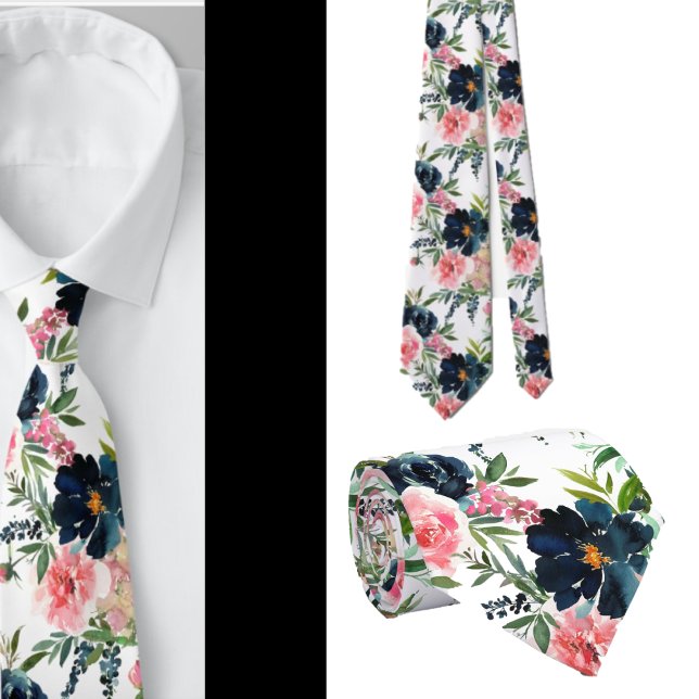 Navy Blue and Pink Roses Flowers Floral Neck Tie (Creator Uploaded)