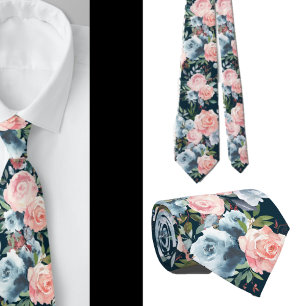 Navy Blue and Pink Roses Flowers Floral Neck Tie
