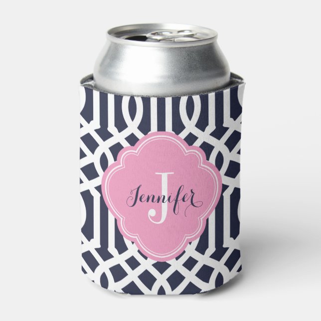 Navy Blue and Pink Trellis Monogram Can Cooler (Can Front)