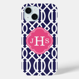 Navy Blue and Pink Trellis Monogram iPhone 15 Case