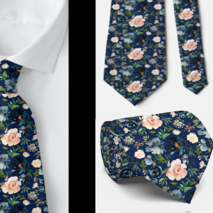 Navy Blue and Pink Watercolor Floral Roses Neck Ti Tie