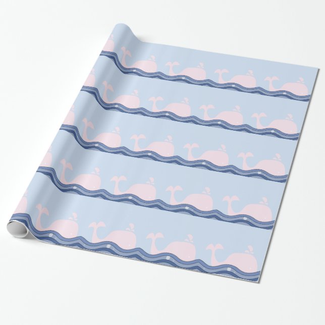 Navy Blue and Pink Whale Wrapping Paper (Unrolled)