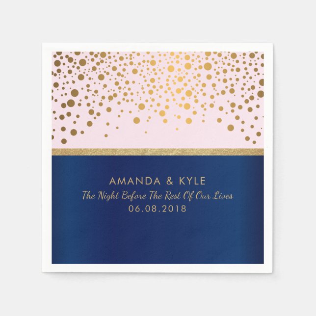 Navy Blue and Pink with Gold Confetti Dot Design Napkin (Front)