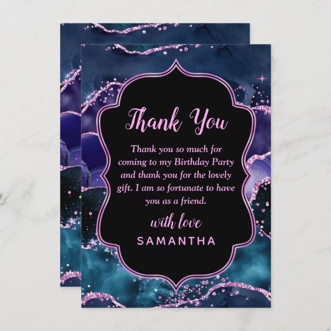 Navy Blue and Purple Glitter Ocean Agate Birthday Thank You Card (Front/Back)
