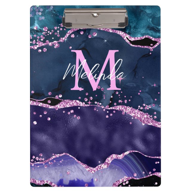 Navy Blue and Purple Glitter Ocean Agate Clipboard (Front)