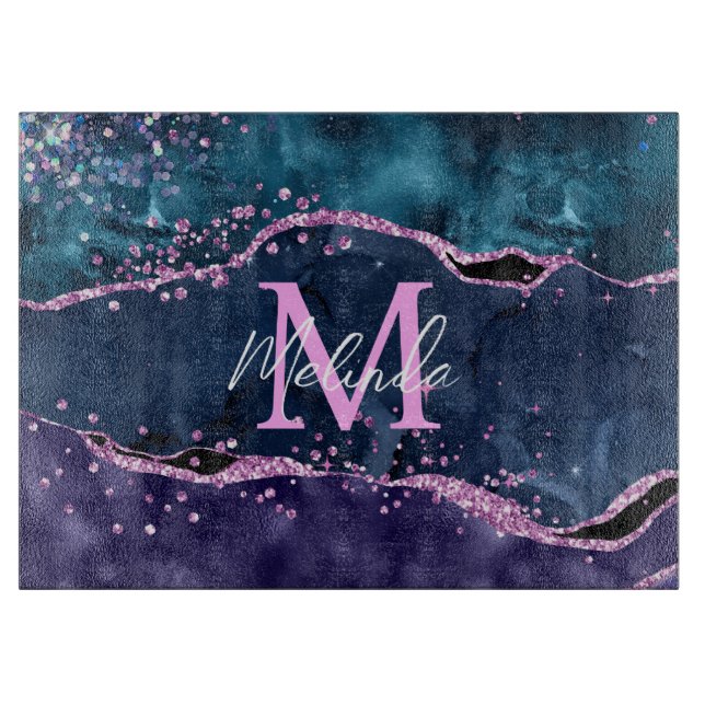 Navy Blue and Purple Glitter Ocean Agate Cutting Board (Front)