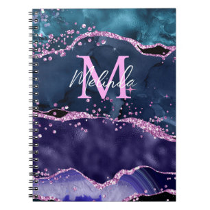 Navy Blue and Purple Glitter Ocean Agate Notebook