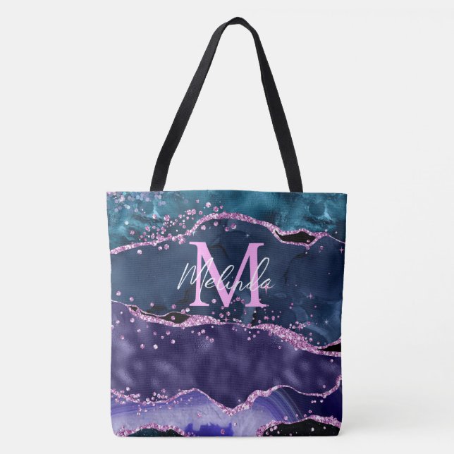 Navy Blue and Purple Glitter Ocean Agate Tote Bag (Front)