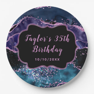 Navy Blue and Purple Ocean Agate Birthday Paper Plate