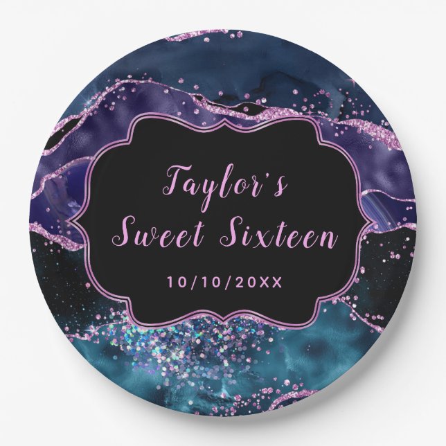 Navy Blue and Purple Ocean Agate Sweet Sixteen Paper Plate (Front)
