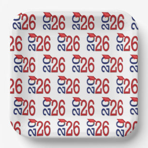 Navy Blue and Red 2026 Graduation Paper Plate