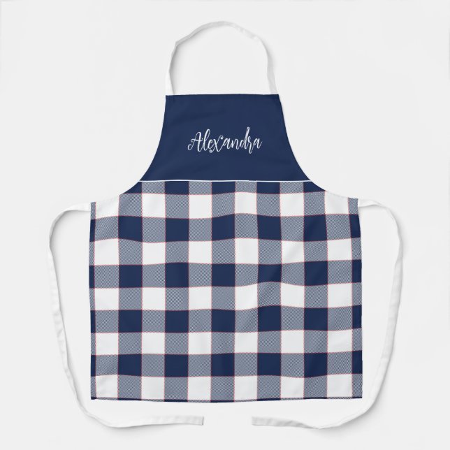 Navy Blue and Red Check  Personalised Kitchen  Apron (Front)