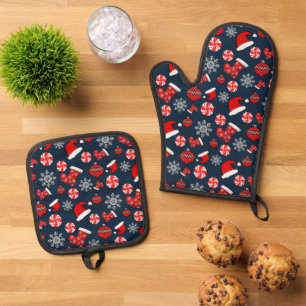 Navy Blue and Red Christmas Half Drop Pattern Oven Mitt & Pot Holder Set