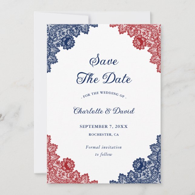 Navy Blue and Red Floral Lace Rustic Wedding Save The Date (Front)