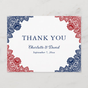 Navy Blue and Red Floral Lace Wedding Thank You Postcard
