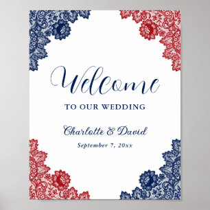 Navy Blue and Red Floral Lace Wedding Welcome Sign